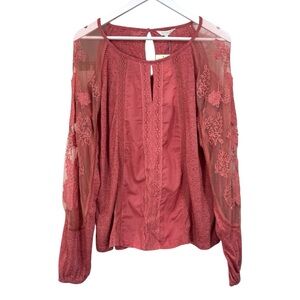 Lucky Brand Cold Shoulder Embroidered Long Sleeve Top Size Large NWT